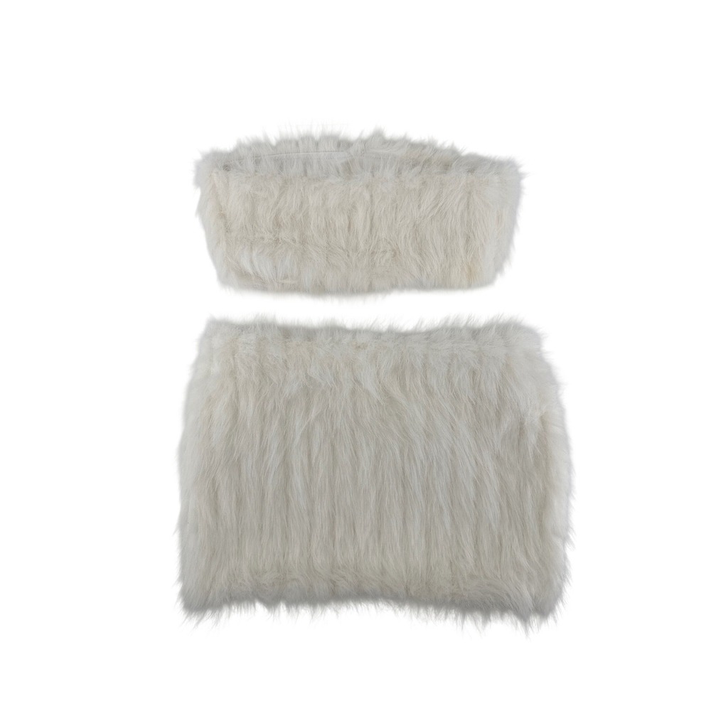 Womens White Faux Fur 2 Piece Set Strapless Tube Top and Mini Skirt Small - Picture 2 of 7